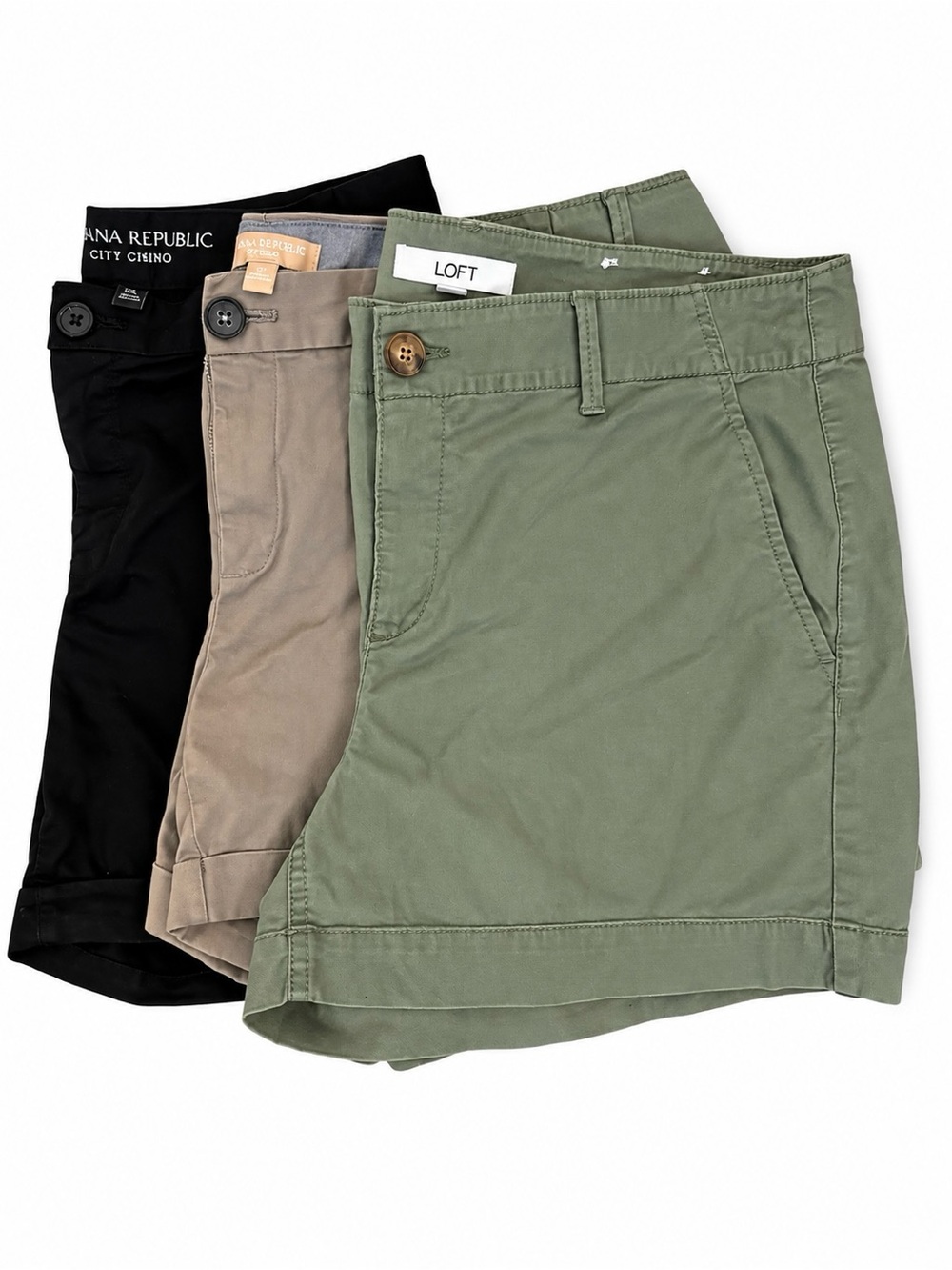 LOT Banana Republic/Loft Olive Green, Black, Tan Flat-Front Women's Shorts 10